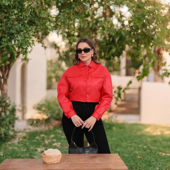 Women Red Cropped Moto Biker Short Comfortable Pu Faux Leather Fashion Jacket - Picture 2 of 7